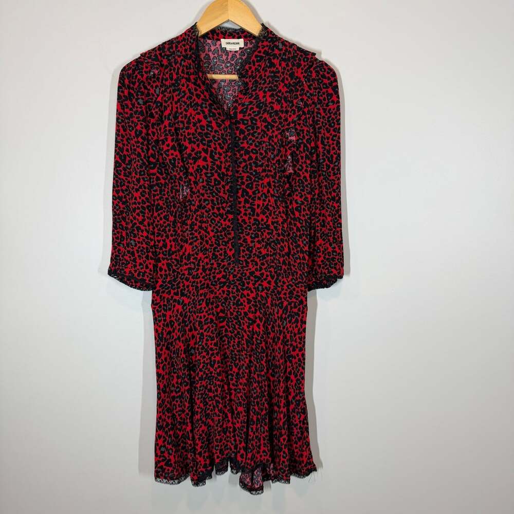 Zadig & Voltaire Dress Size Small Red Black Heart Leopard Print Lace Viscose